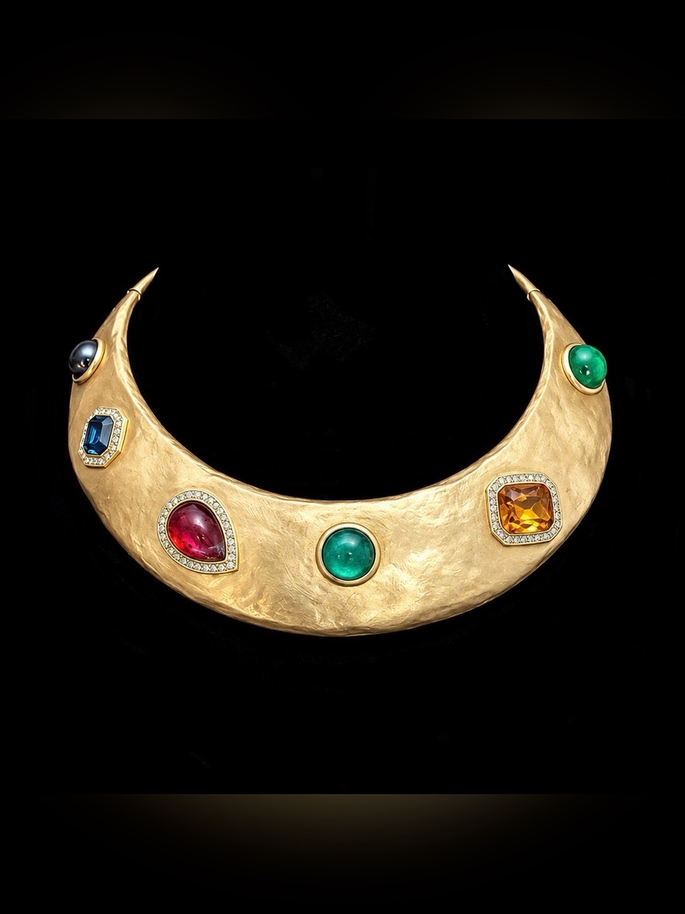 Gold-Tone Multi-Gem Crescent Collar Necklace in Green, Red, Blue, Yellow